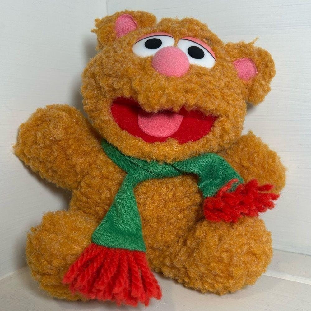Vintage 1987 Fozzie Bear Plush 8" Muppets Baby Jim Henson Green Scarf Stuffed